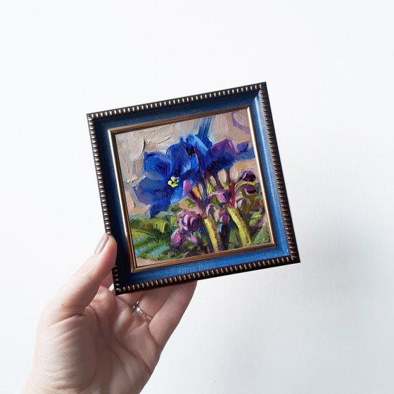 Violet painting original blue frame, Small floral wall art 4x4 Sister gift long distance