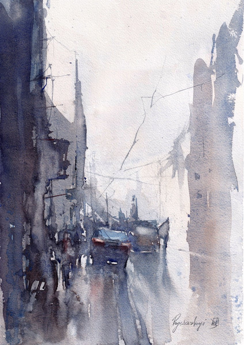 Impressionistic Cityscapes Watercolour By Yurii Prysiazhnyi, 11 X 15", After The Rain, Original Artwork