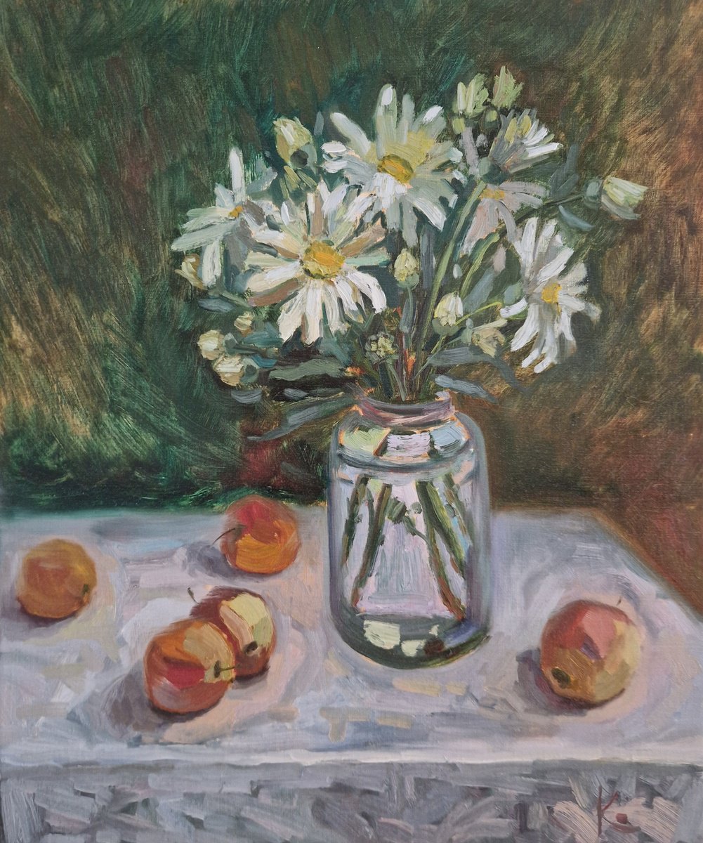 Impressionistic Botanical Oil Painting By Olena Kolotova, 20 X 24", Still-Life With Daisies And Apples "Summer Mood", Artfinder