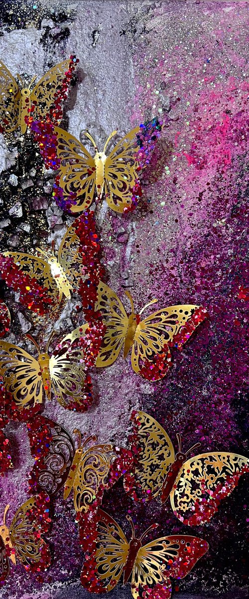 Hope glittery butteflies pink purple painting by Henrieta Angel