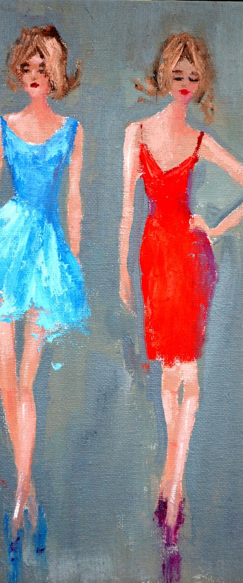 Funny fashionistas in blue and red Miniature by Elena Lukina