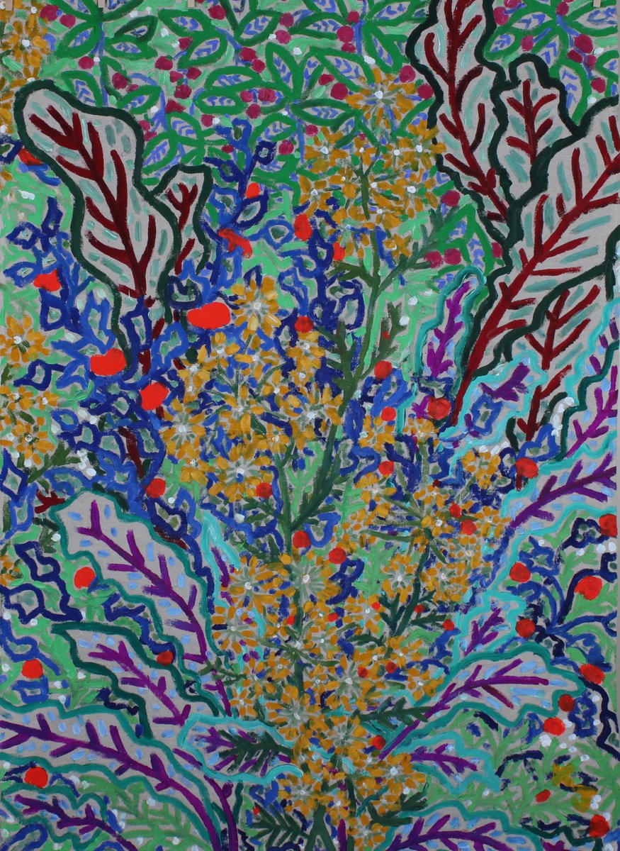 Expressive Botanical Acrylic Painting By Katie Jurkiewicz, 35 X 48", Vegetable Garden, Original Artwork