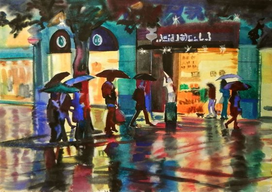 rainy shopping, large watercolor 98x68 cm