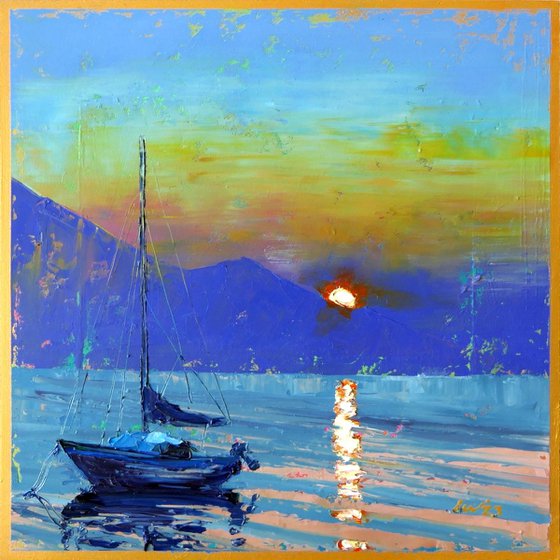 Sunset over Garda Lake, Italy Landscape, Oil Painting