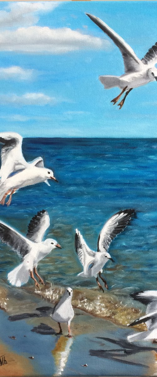 Seagulls on the seashore by Ira Whittaker