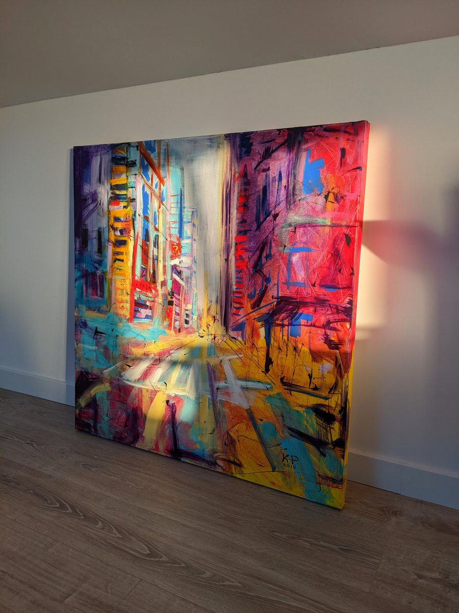Urban And Pop Cityscapes Acrylic Painting By Kasia Pawlak, 39 X 39", East Broadway, Original Artwork