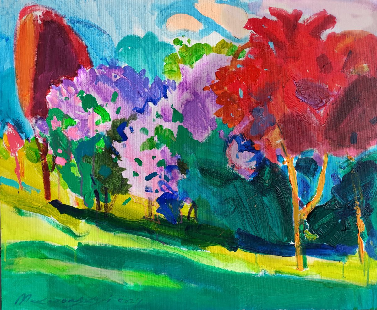 Impressionistic Landscape Acrylic Painting By Pavlo Makedonskyi, 29 X 24", Bushes, Original Artwork