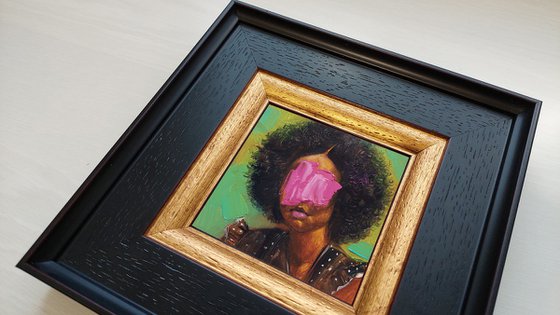 Black woman portrait original oil painting, Faceless portrait framed art mini oil painting, Girl portrait small frame art