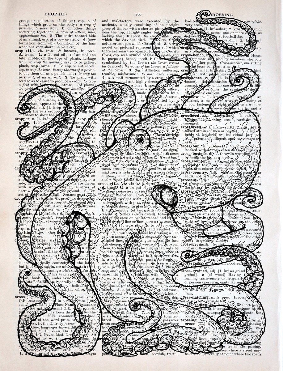 Octopus On The Page - Collage Art Print on Large Real English Dictionary Vintage Book Page by Jakub DK - JAKUB D KRZEWNIAK