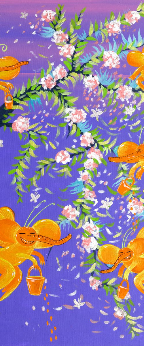 Spring sakura and honey bees - elephants. Honey bee. Elephant. Blooming cherry. Spring flowers. . Spring flowers and blue sky by Anna Onikiienko