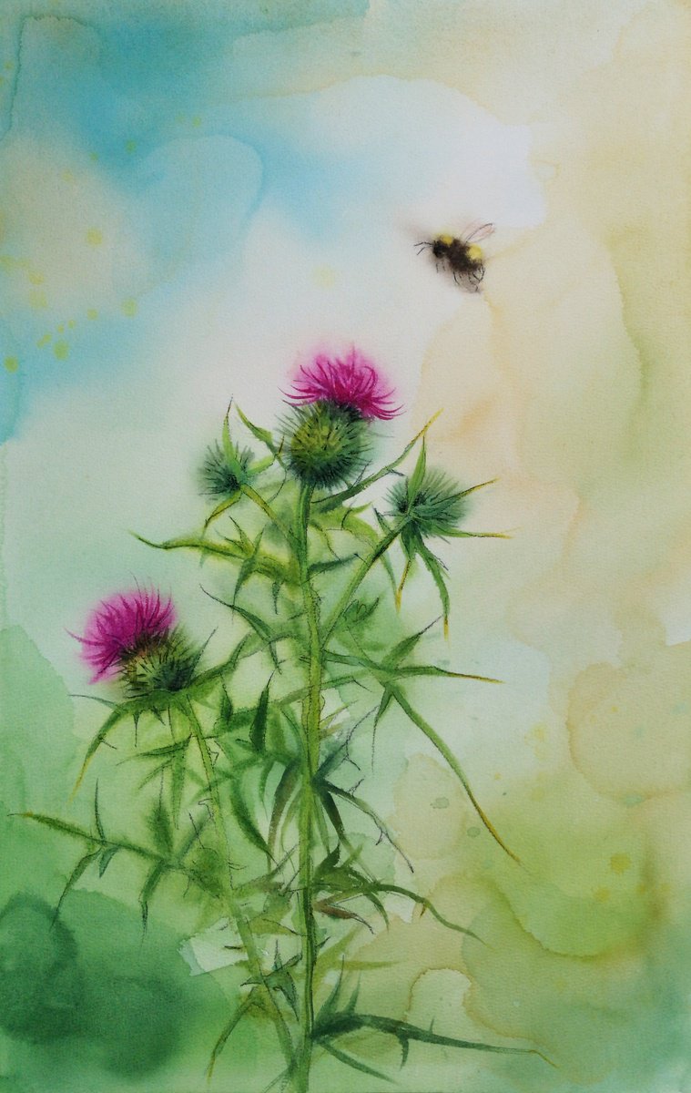 Bumble Bee and Thistle Flower by Olga Beliaeva Watercolour