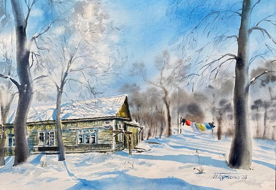 Winter washday, original watercolour