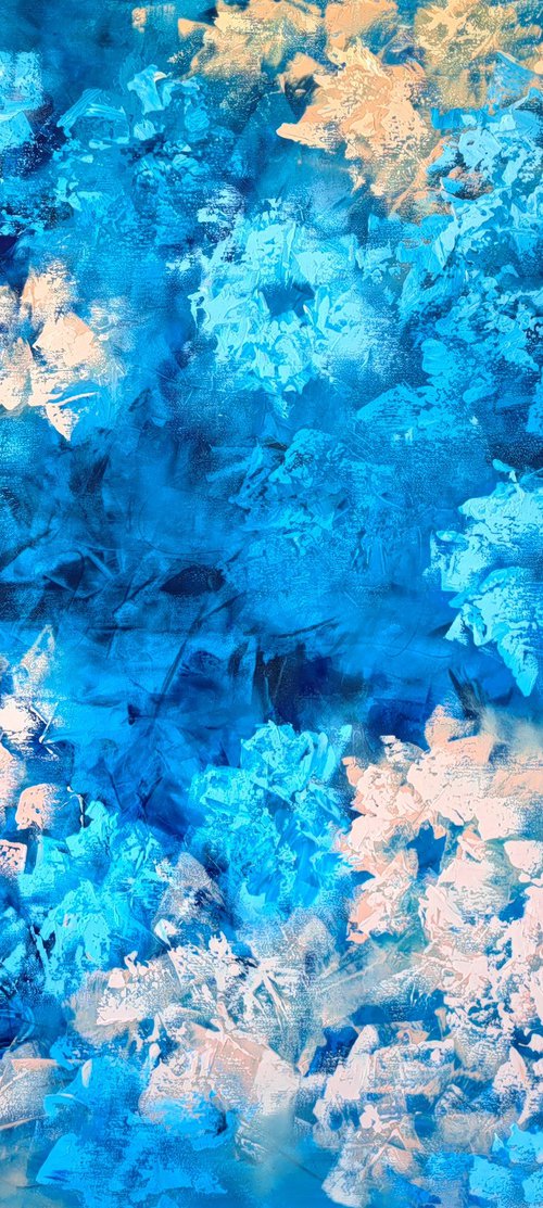 "Elegance in blue and apricot tones", XXL abstract flower painting by Vera Hoi