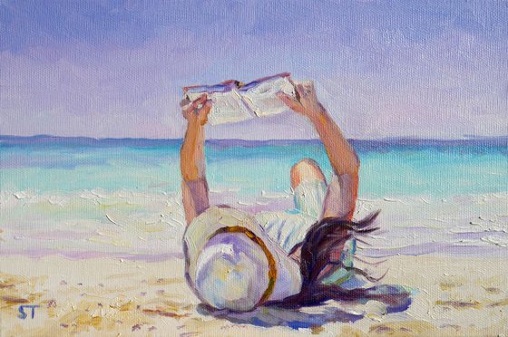 "Reading, girl, sea, wind  "  original oil water painting on canvas, ready to hang, small wall decor gift idea