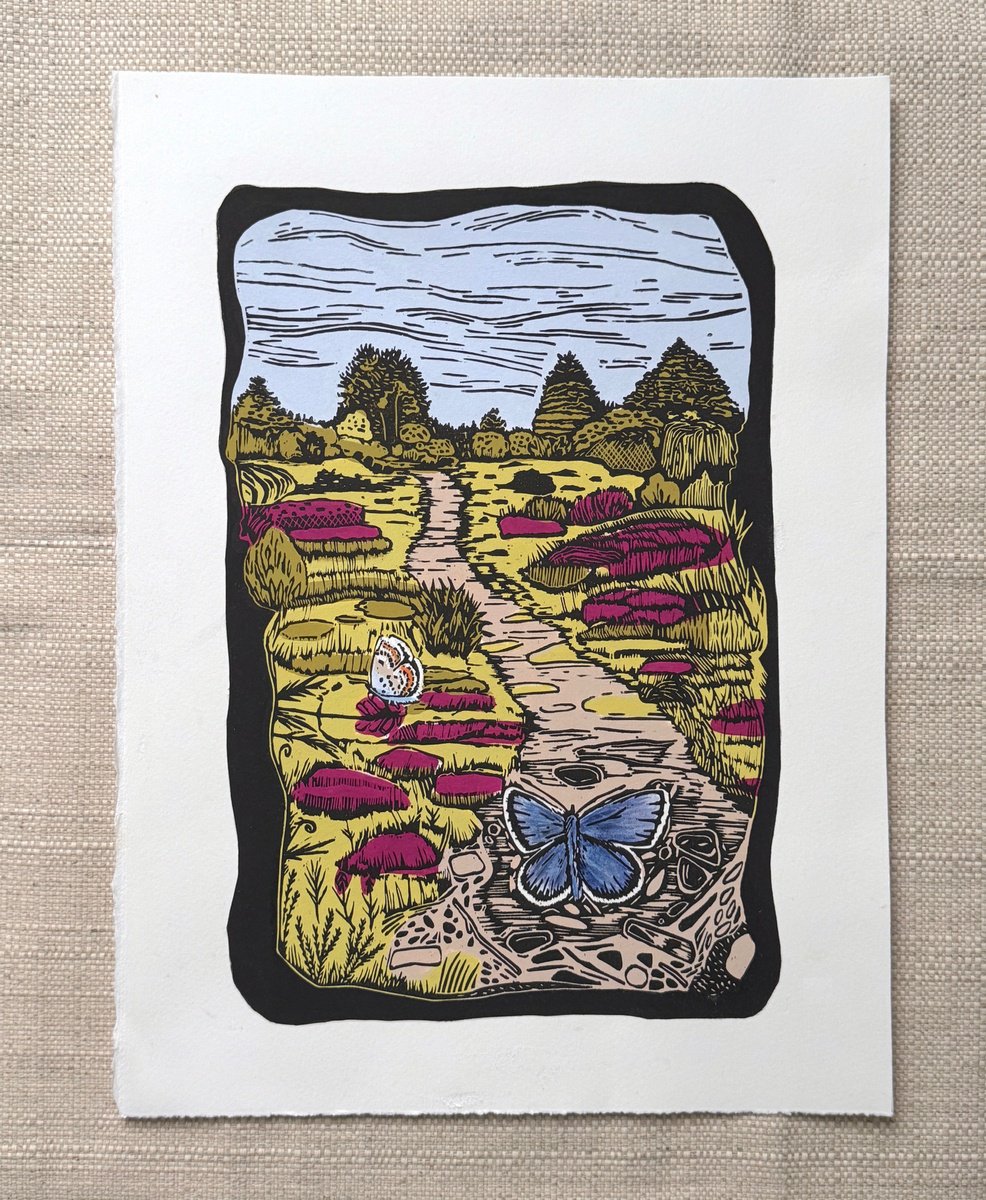 Illustrative Landscape Linocut By Jem Gooding, 8 X 12, Silver-Studded Blue, Original Artwork