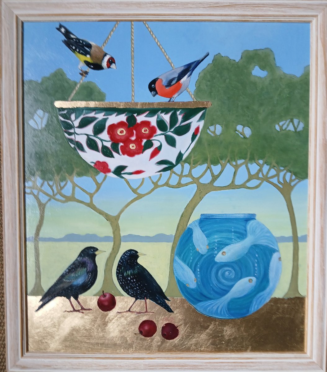 Surrealistic Still Life Oil Painting By Sophie Colmer-Stocker, 18 X 20", Two Starlings And Fish Bowl, Original Artwork
