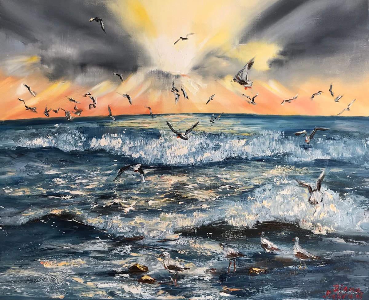 Impressionistic Landscape Oil Painting By Diana Malivani, 20 X 16, At Sunset, Original Artwork