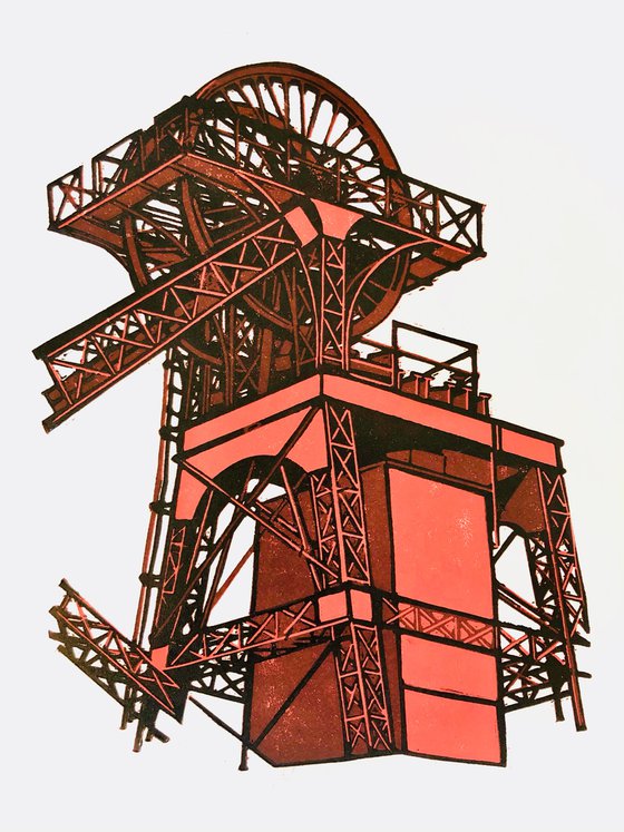 Lewis Merthyr Winding Gear portrait linocut