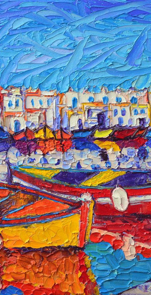 PAROS ISLAND GREECE NAOUSSA FISHING HARBOUR modern impressionist impasto palette knife original oil painting by ANA MARIA EDULESCU