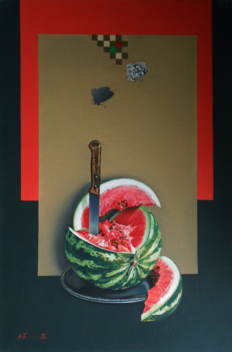 Photorealistic Still Life Oil Painting By Alexander Titorenkov, 24 X 35, Watermelon And Knife, Original Artwork