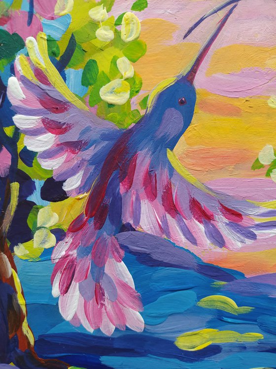 Peaceful time - acrylic, sunset, flowers, landscape, trees, forest, painting, landscape art, trees acrylic painting, birds, birds in love, painting, landscape painting