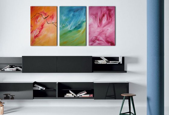 Dolce onda di fuoco, Triptych n° 3 Paintings, Original abstract, oil on canvas