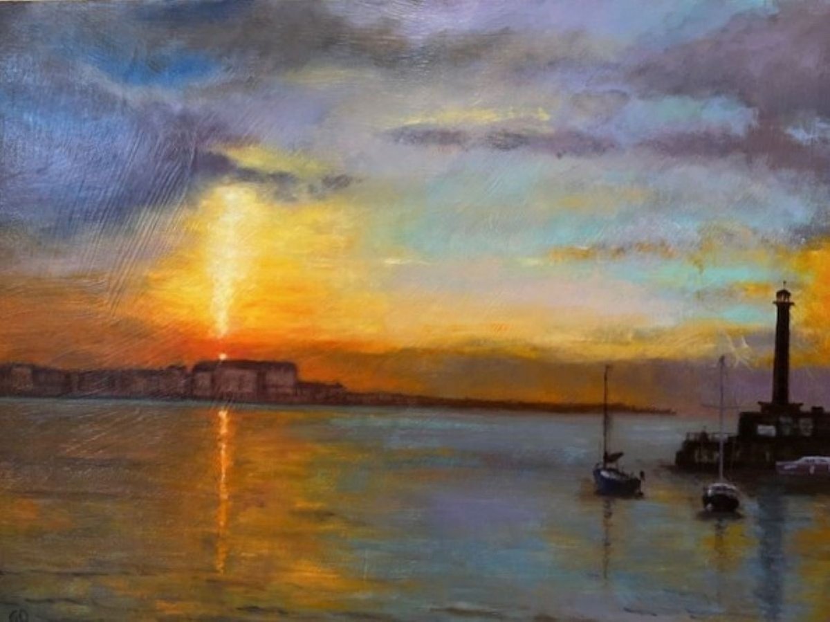 Illustrative Oil Painting , Setting Sun - Margate Kent By Gary Obee, 24 X 18, Artwork For Sale On Artfinder
