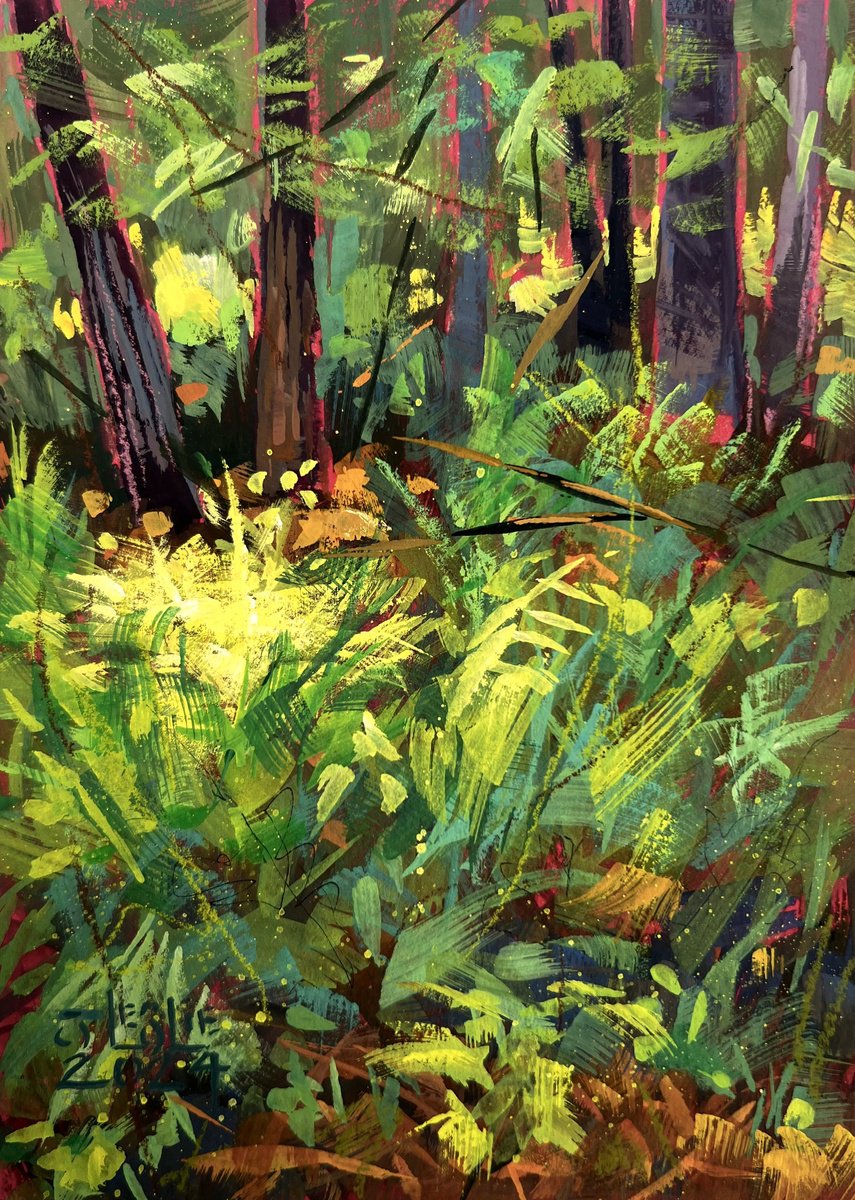 Impressionistic Landscape Painting By Jimmy Leslie, 5 X 7, Among The Ferns, Original Artwork