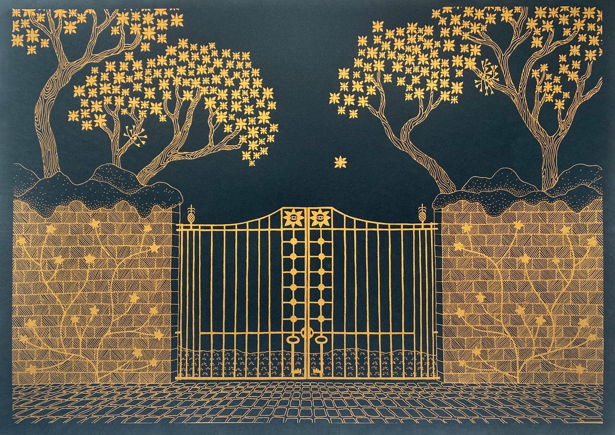 Overgrown Boundary (Gold on Black) by Hannah Battershell