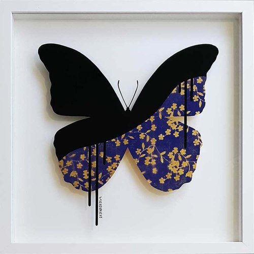 Butterfly Royal Blue-Gold - Original Painting on Glass by Veebee .