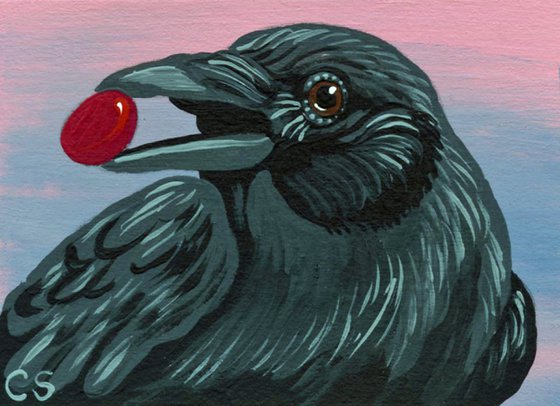 ACEO ATC Original Miniature Painting Raven Crow Bird Wildlife Art-Carla Smale