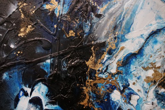 Golden Midnight 190cm x 100cm Blue Gold White Textured Abstract Art