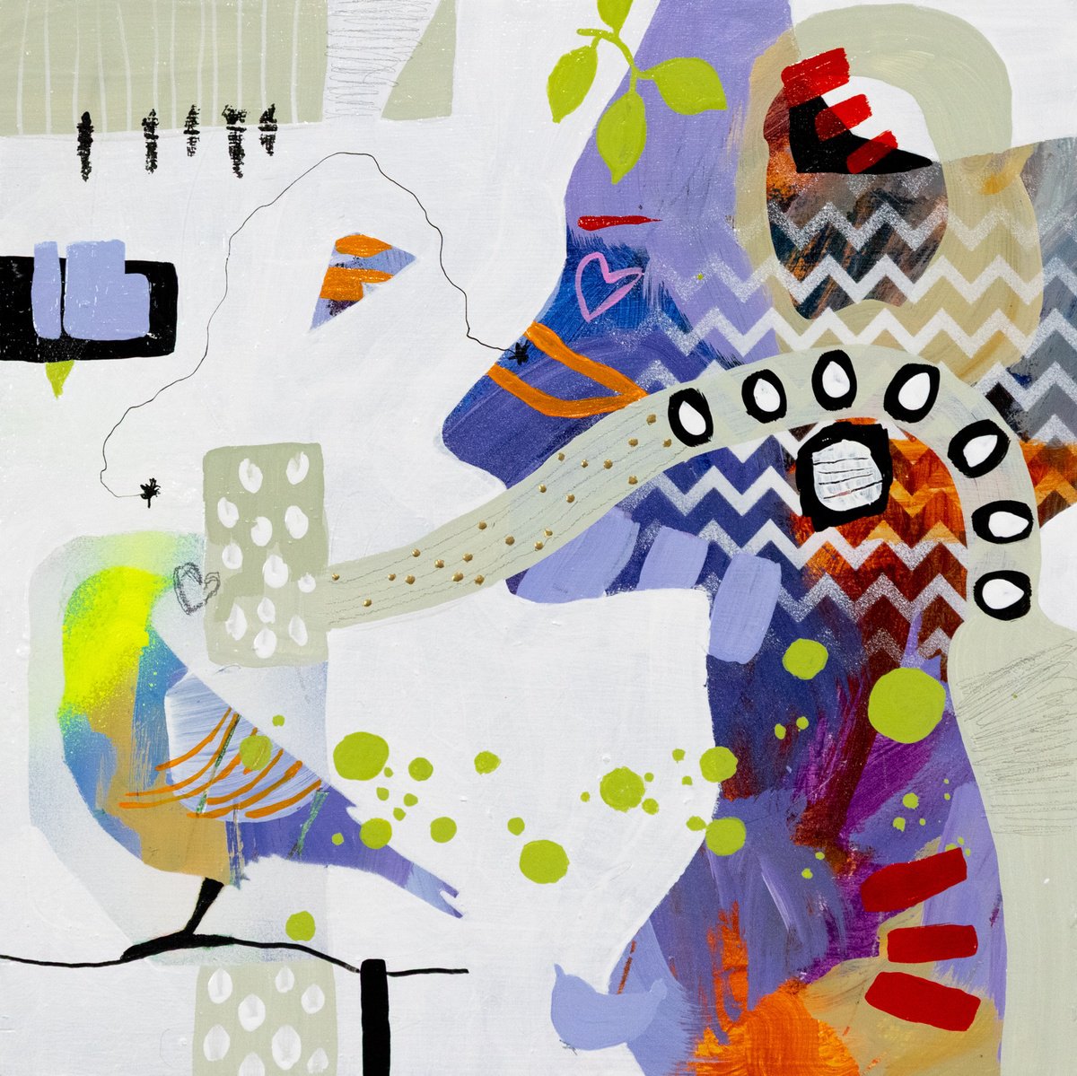 Abstract Animal Acrylic Painting By Chantal Proulx, 8 X 8, Dame Plume, Original Artwork