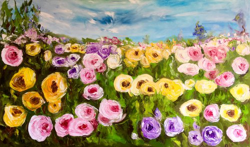 Large size WHITE PINK YELLOW PURPLE  ROSES in a Greenwich rose garden palette  knife modern still life  flowers office home decor gift by Olga Koval