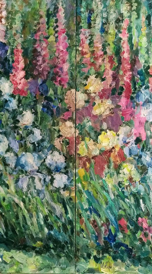 Garden (Irises) diptych. Original oil painting from USA. by Elena Klyan