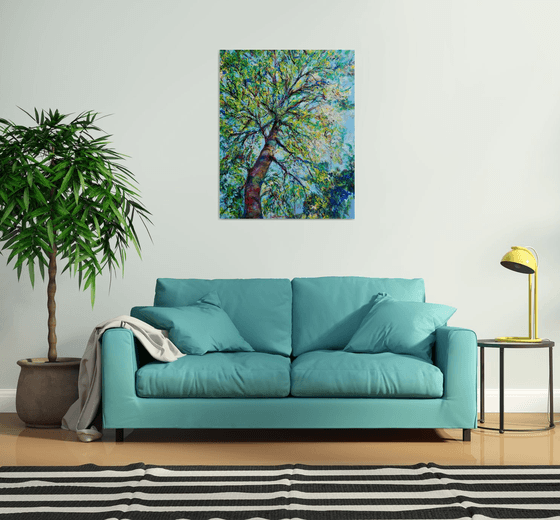 Oversize Tree Painting Extra Large Thick Textured Canvas Colorful Modern Oil Artwork Vertical Abstract Original Art 40 by 32"