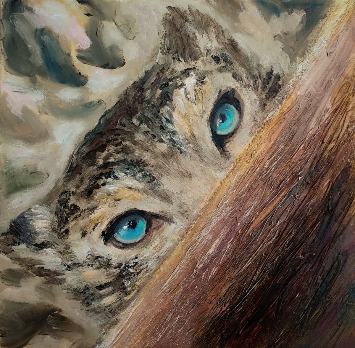 Animal Art Leopard Wildlife Nature Cat Eyes Impasto Painting Blue Beige by Anastasia Art Line