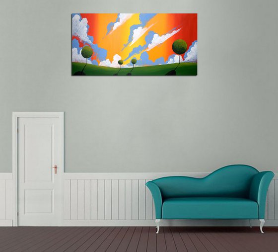 Orange Sky Haven Land landscape countryside original colourful sky abstract painting art canvas
