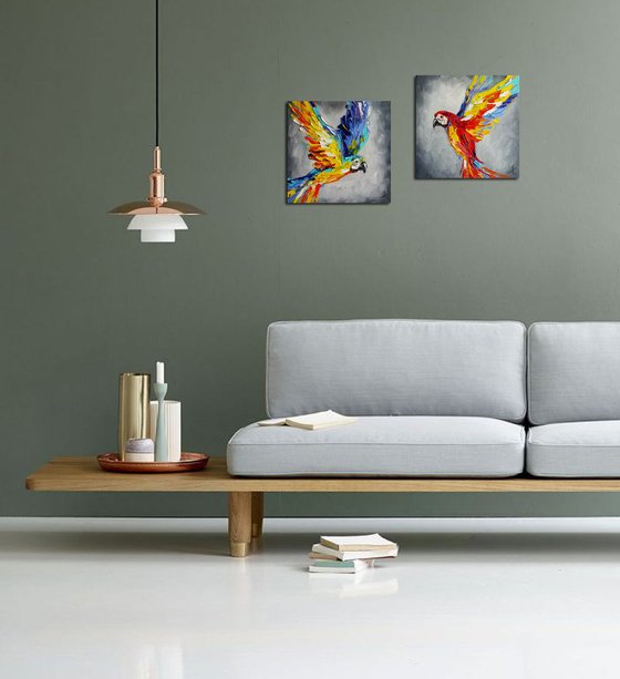 Diptych "Parrots" - bird, parrots, gift, love, birds love, parrots art, animals, oil painting