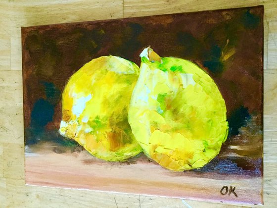 Lemons still life palette knife oil painting Dutch style