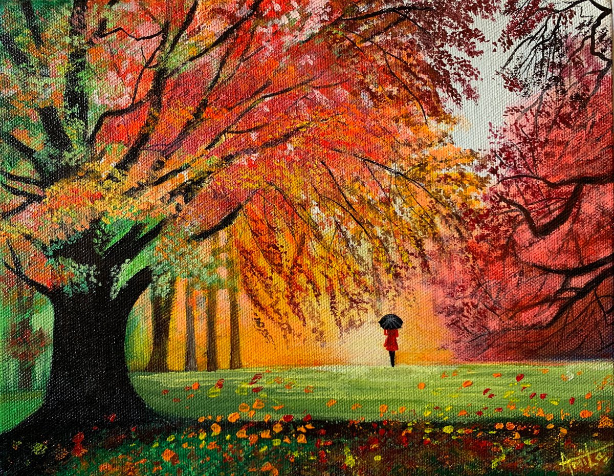 Autumn walk !! Ready to hang painting!! Autumn landscape by Amita Dand