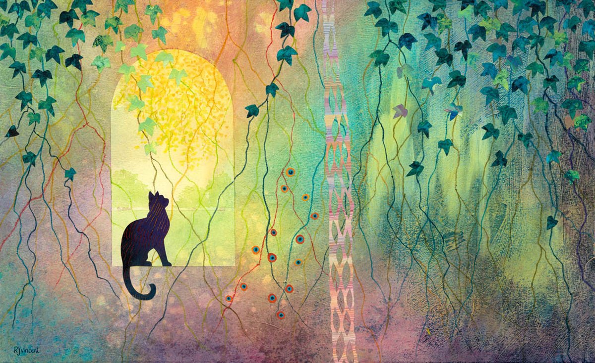 Illustrative Animal Painting By Rebecca Vincent, 18 X 11", Black Cat In The Window, Original Artwork