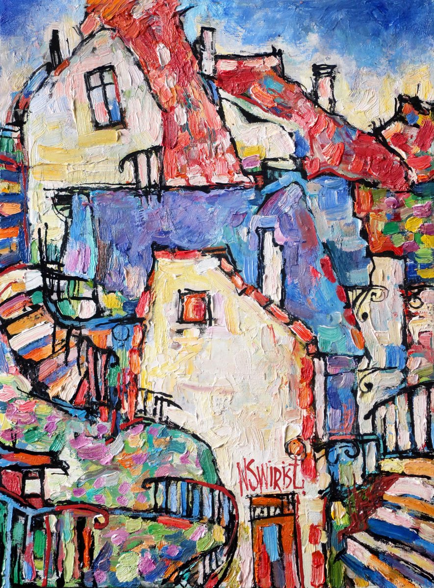 Impressionistic Cityscapes Oil Painting By Nikifor Swiristuhin, 12 X 16", Roofs Of Cudillero., Original Artwork