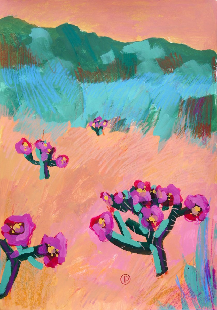 Impressionistic Landscape Painting By Irina Plaksina, 12 X 17, Arizona, Cactus Flowers, Original Artwork