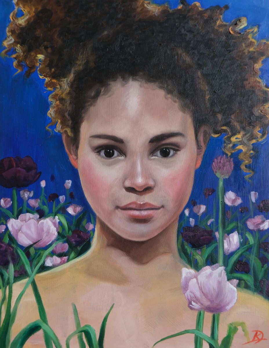 Organic Portrait Oil Painting By Kerry Lisa Davies, 11 X 14", Flowers, Original Artwork