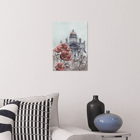 ST. ISAAC'S CATHEDRAL AND ROSES Watercolor painting 42*30cm