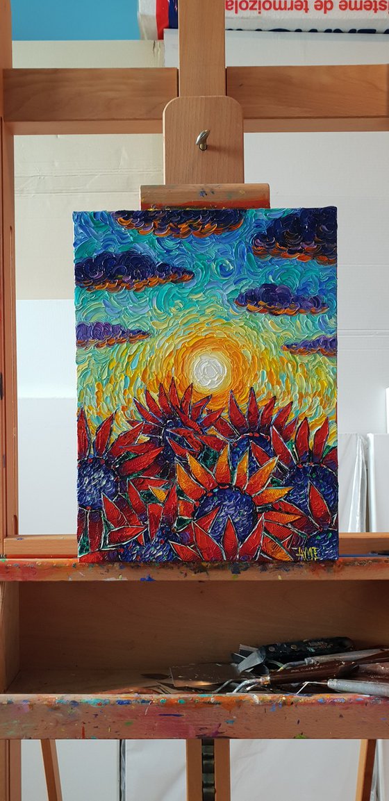 RED SUNFLOWERS - PROVENCE SUNSET impasto palette knife oil painting textured impressionism Ana Maria Edulescu
