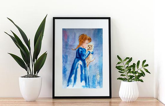 Girl and Dog Painting Portrait Original Art Girl and Puppy Small Watercolor Artwork Home Wall Art 8 by 12" by Halyna Kirichenko