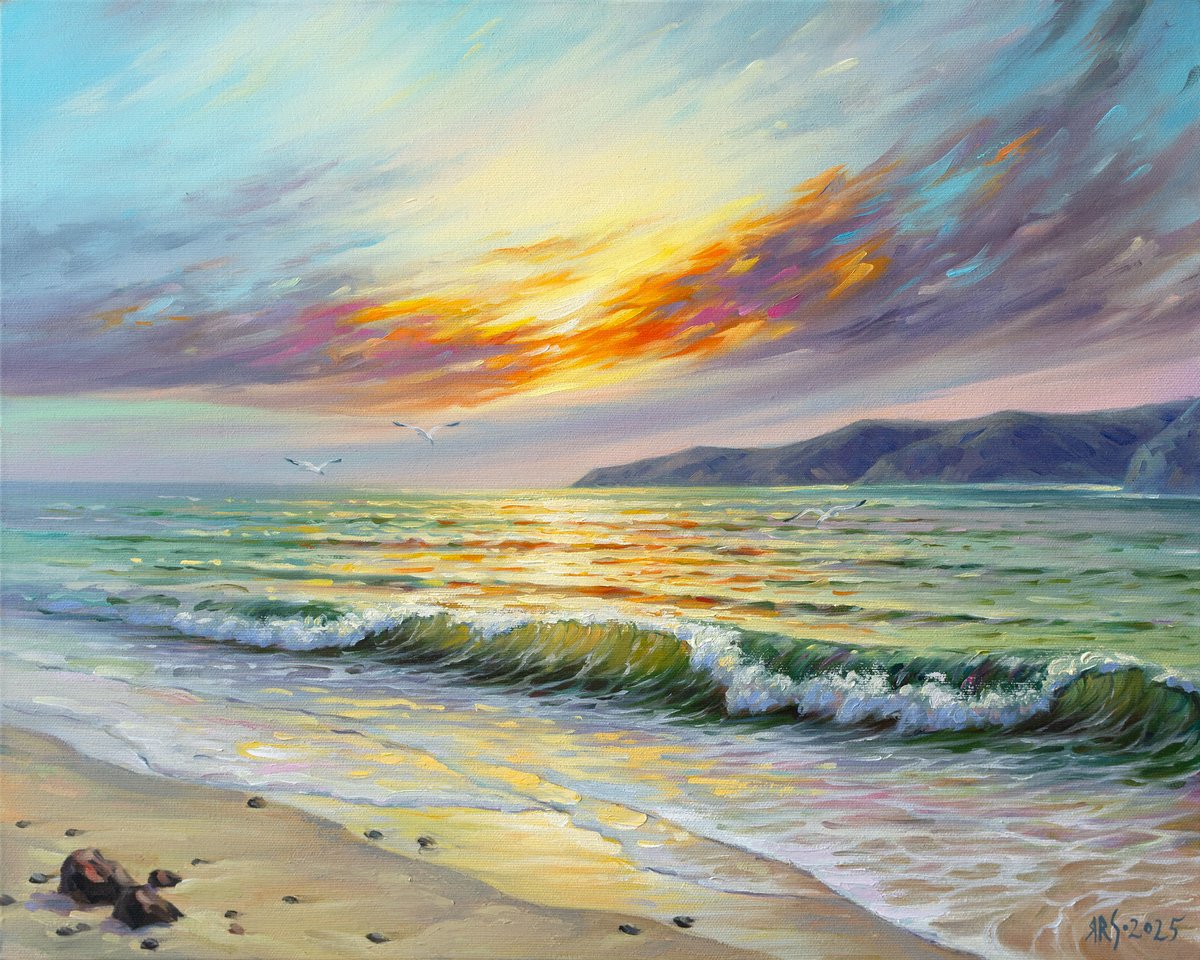 Impressionistic Landscape Oil Painting By Yaroslav Sobol, 20 X 16", Peaceful Seascape, Original Artwork