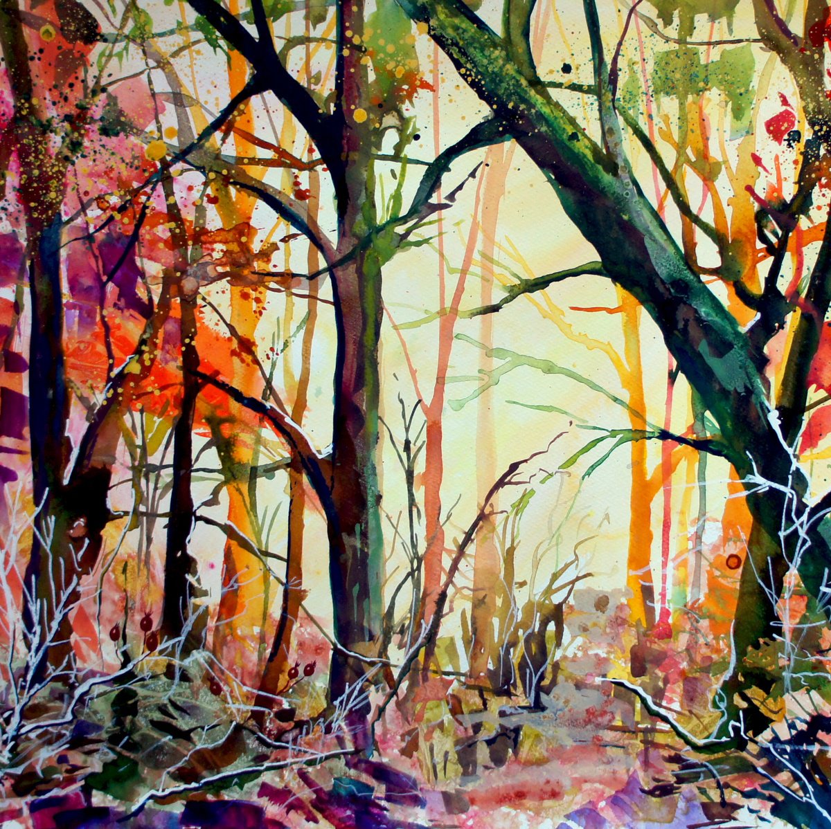 Expressive Landscape Painting By Julia Rigby, 19 X 19", Autumn Light, Original Artwork
